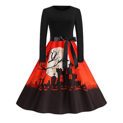 Women's Halloween Dress Retro 1950s Vintage Dress Midi Dress Holiday With Belt Bow Graphic Crew Neck Long Sleeve Regular Fit Spring Fall 2023 Pink Red S M L XL