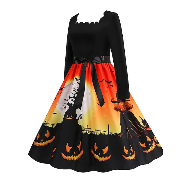 Women's Halloween Dress Retro 1950s Vintage Dress Midi Dress Holiday With Belt Bow Pumpkin Square Neck Long Sleeve Regular Fit Spring Fall 2023 Black Yellow S M L XL