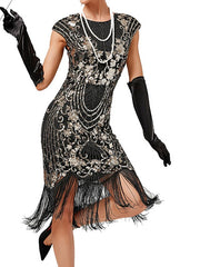 Women's Halloween Dress Retro 1920s Fringe Dress Midi Dress Party Sequins Tassel Fringe Floral Crew Neck Short Sleeve Slim Summer Spring 2023 Black Gold Red XS S M L