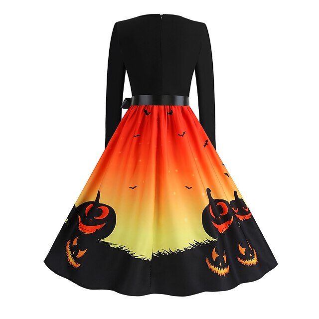 Women's Halloween Dress Retro 1950s Vintage Dress Midi Dress Holiday With Belt Bow Pumpkin Square Neck Long Sleeve Regular Fit Spring Fall 2023 Black Yellow S M L XL