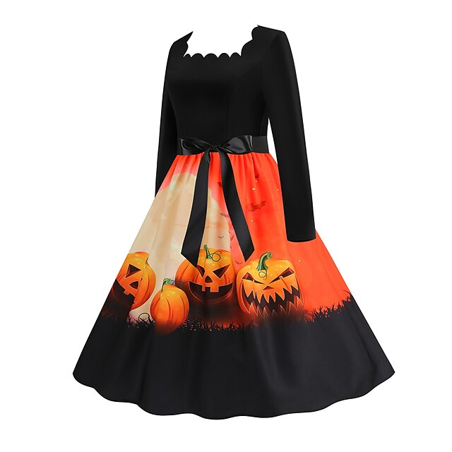 Women's Halloween Dress Retro 1950s Vintage Dress Midi Dress Holiday With Belt Bow Pumpkin Square Neck Long Sleeve Regular Fit Spring Fall 2023 Black Yellow S M L XL