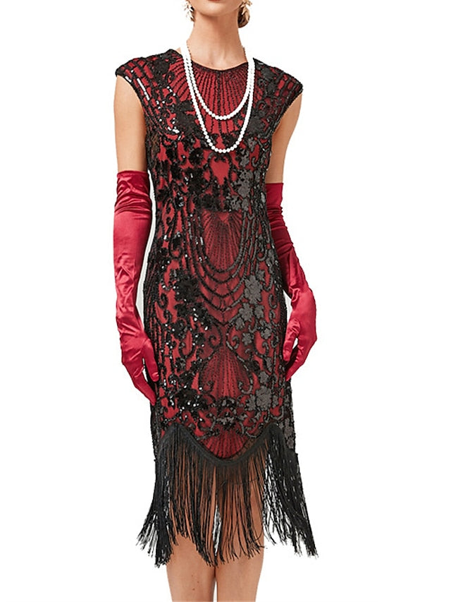 Women's Halloween Dress Retro 1920s Fringe Dress Midi Dress Party Sequins Tassel Fringe Floral Crew Neck Short Sleeve Slim Summer Spring 2023 Black Gold Red XS S M L