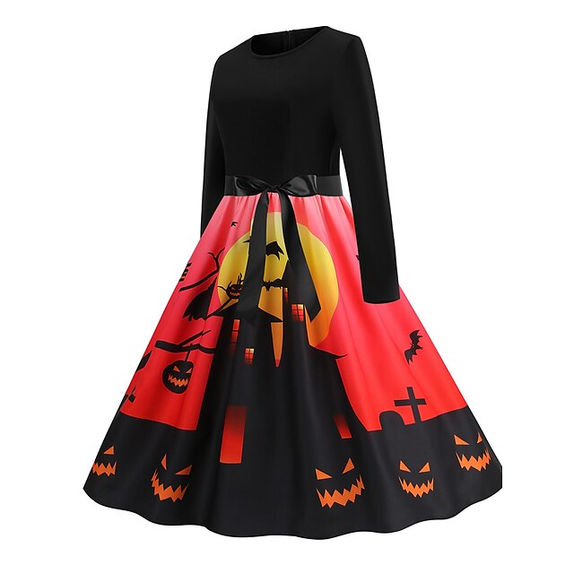 Women's Halloween Dress Retro 1950s Vintage Dress Midi Dress Holiday With Belt Bow Graphic Crew Neck Long Sleeve Regular Fit Spring Fall 2023 Pink Red S M L XL