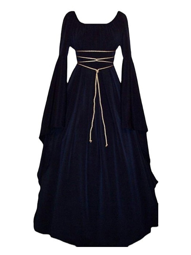 Women's Halloween Dress Swing Dress Black Dress Maxi long Dress Black White Wine Long Sleeve Pure Color Lace up Fall Winter Autumn Round Neck Stylish Winter Dress Fall Dress 2023