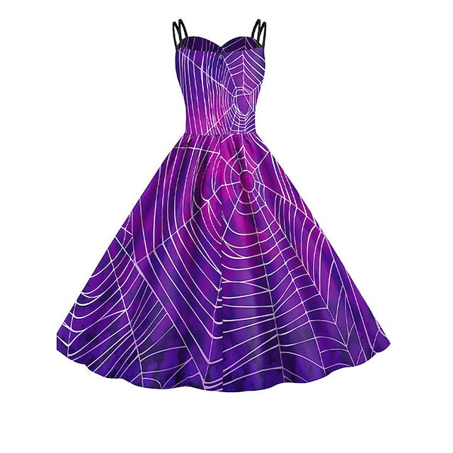 Women's Halloween Dress Retro 1950s Vintage Dress Midi Dress Holiday Backless Print Pumpkin Spaghetti Strap Sleeveless Regular Fit Spring Fall 2023 Deep Purple Purple S M L XL