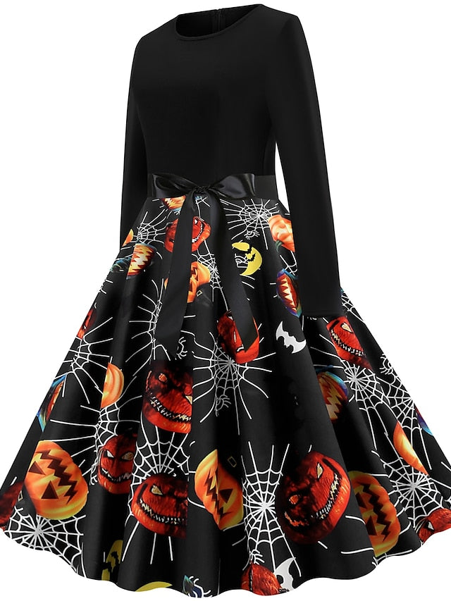 Women's Halloween Dress A Line Dress Knee Length Dress Black Blue Wine Long Sleeve Pumpkin Spider Print Pumpkin Bow Print Fall Winter Crew Neck Hot Vintage Slim 2023 S M L XL XXL