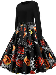 Women's Halloween Dress A Line Dress Knee Length Dress Black Blue Wine Long Sleeve Pumpkin Spider Print Pumpkin Bow Print Fall Winter Crew Neck Hot Vintage Slim 2023 S M L XL XXL