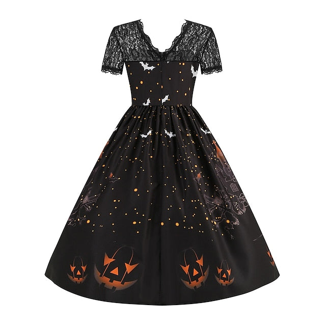 Women's Halloween Dress Retro 1950s Vintage Dress Midi Dress Holiday Lace Patchwork Graphic V Neck Short Sleeve Regular Fit Spring Fall 2023 Black Blue S M L XL