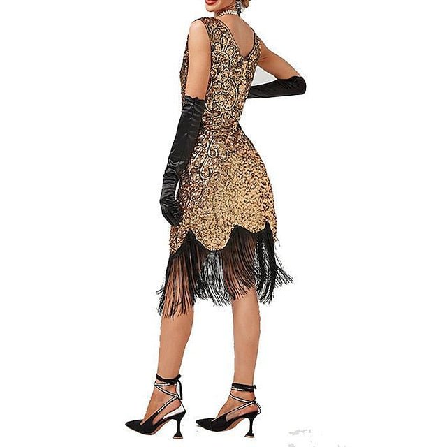 Women's Retro 1920s Fringe Dress Midi Dress Party Holiday Sequins Tassel Fringe Floral V Neck Sleeveless Regular Fit Spring Fall 2023 Black Pink XS S M L