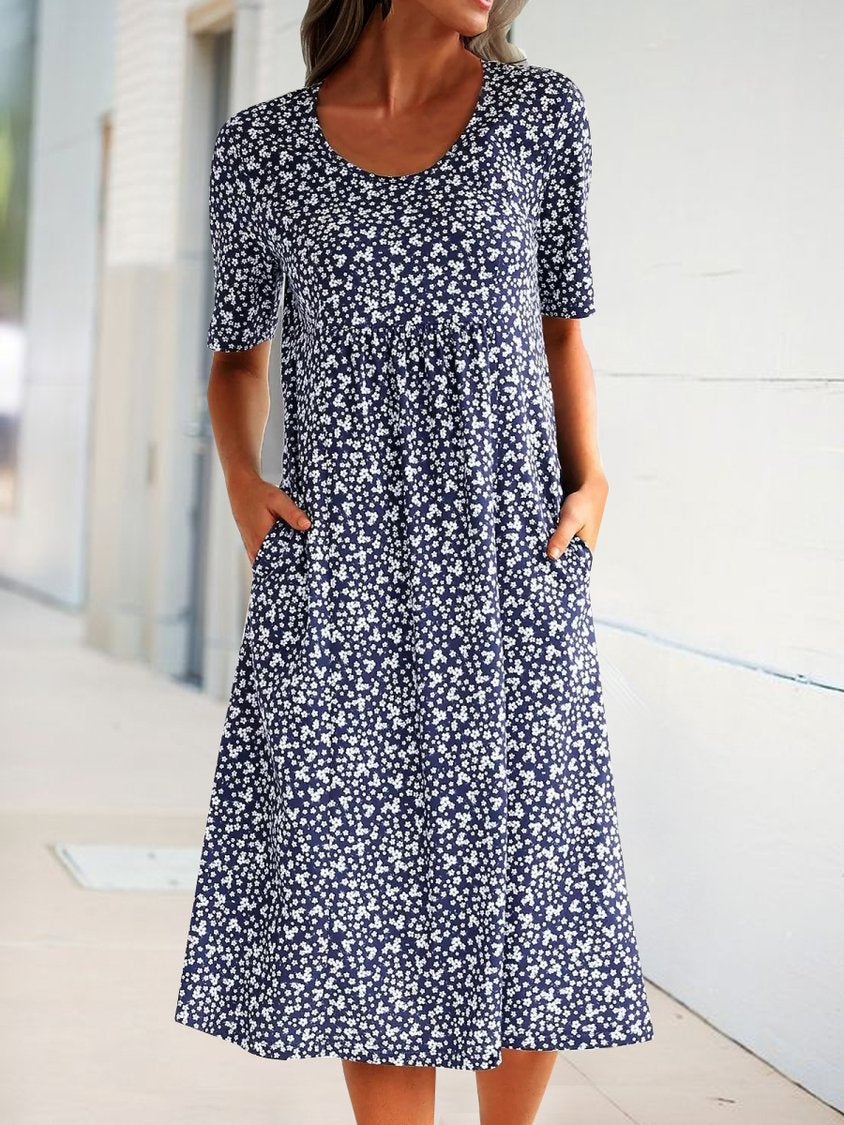 Navy Blue Short Sleeve Shift Floral-Print Causal Dress