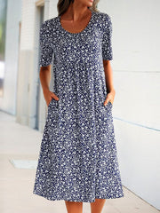 Navy Blue Short Sleeve Shift Floral-Print Causal Dress