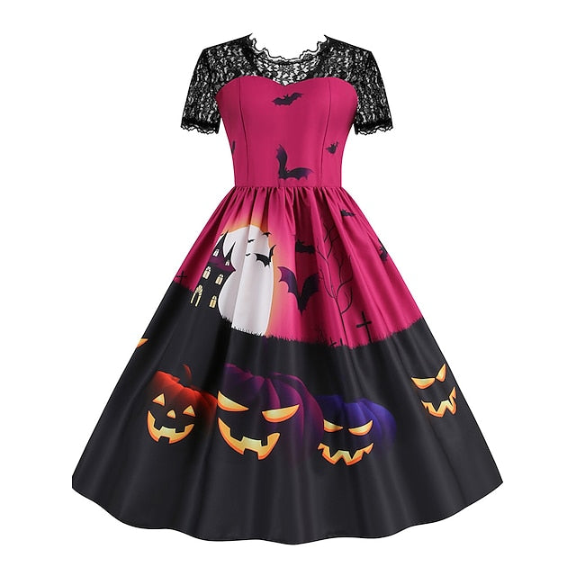 Women's Halloween Dress Retro 1950s Vintage Dress Midi Dress Holiday Lace Patchwork Graphic V Neck Short Sleeve Regular Fit Spring Fall 2023 Black Blue S M L XL