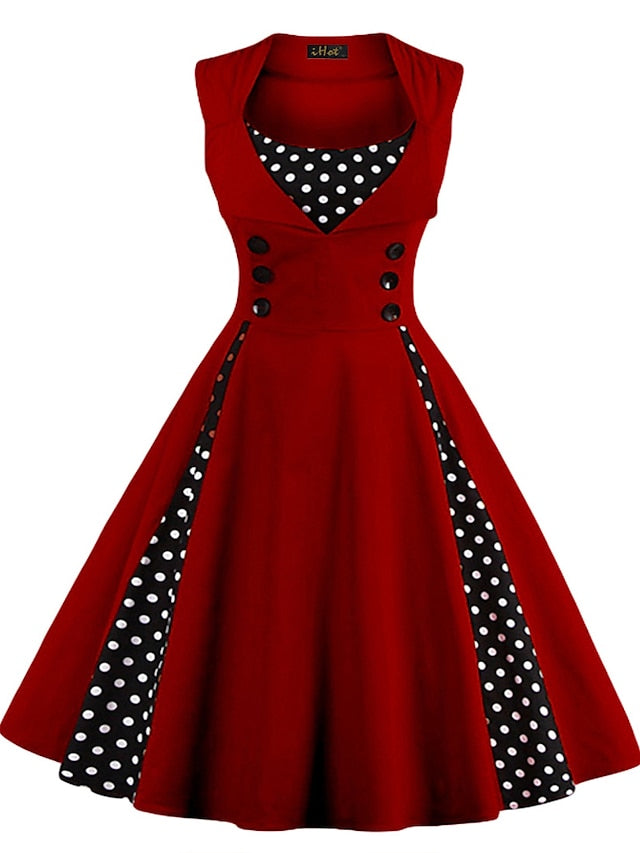 Women's Halloween Dress Retro 1950s Vintage Dress Midi Dress Party Button Print Floral V Neck Sleeveless Regular Fit Summer Spring 2023 claret Red black S M L XL