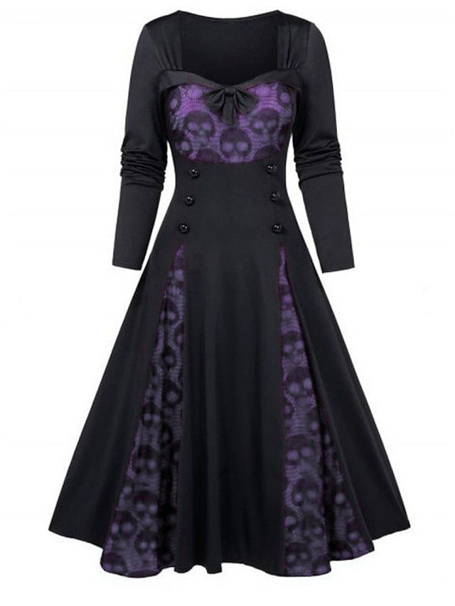 Women's Halloween Dress Vintage Dress Gothic Dress Midi Dress Green Blue Purple Wine Red White Black Long Sleeve Skull Pumpkin Print Patchwork Button Winter Fall Boat Neck Party Fall Dress 2023