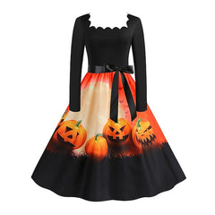 Women's Halloween Dress Retro 1950s Vintage Dress Midi Dress Holiday With Belt Bow Pumpkin Square Neck Long Sleeve Regular Fit Spring Fall 2023 Black Yellow S M L XL