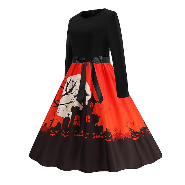 Women's Halloween Dress Retro 1950s Vintage Dress Midi Dress Holiday With Belt Bow Graphic Crew Neck Long Sleeve Regular Fit Spring Fall 2023 Pink Red S M L XL