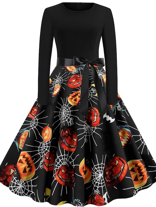 Women's Halloween Dress A Line Dress Knee Length Dress Black Blue Wine Long Sleeve Pumpkin Spider Print Pumpkin Bow Print Fall Winter Crew Neck Hot Vintage Slim 2023 S M L XL XXL
