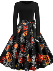 Women's Halloween Dress A Line Dress Knee Length Dress Black Blue Wine Long Sleeve Pumpkin Spider Print Pumpkin Bow Print Fall Winter Crew Neck Hot Vintage Slim 2023 S M L XL XXL