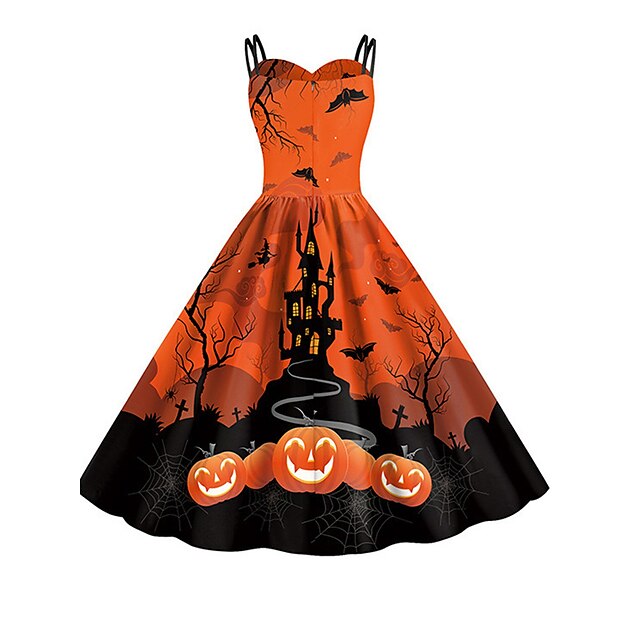 Women's Halloween Dress Retro 1950s Vintage Dress Midi Dress Holiday Backless Print Pumpkin Spaghetti Strap Sleeveless Regular Fit Spring Fall 2023 Deep Purple Purple S M L XL