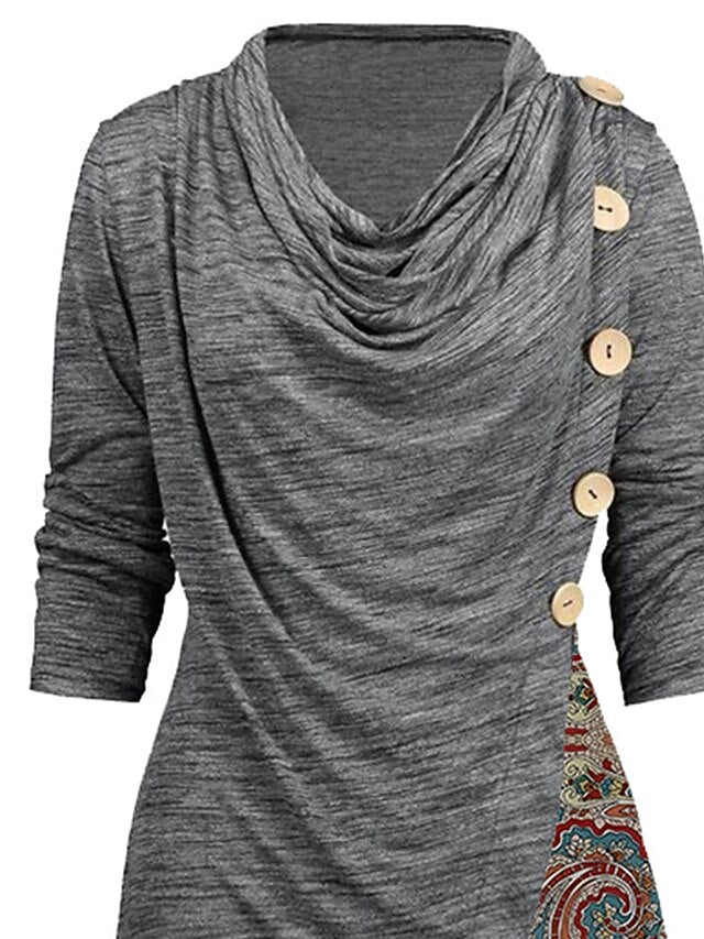 Women's Casual Dress Print Dress Spring Dress Floral Paisley Ruched Patchwork Cowl Neck Mini Dress Vintage Ethnic Outdoor Date Long Sleeve Loose Fit Gray Spring Fall S M L XL XXL