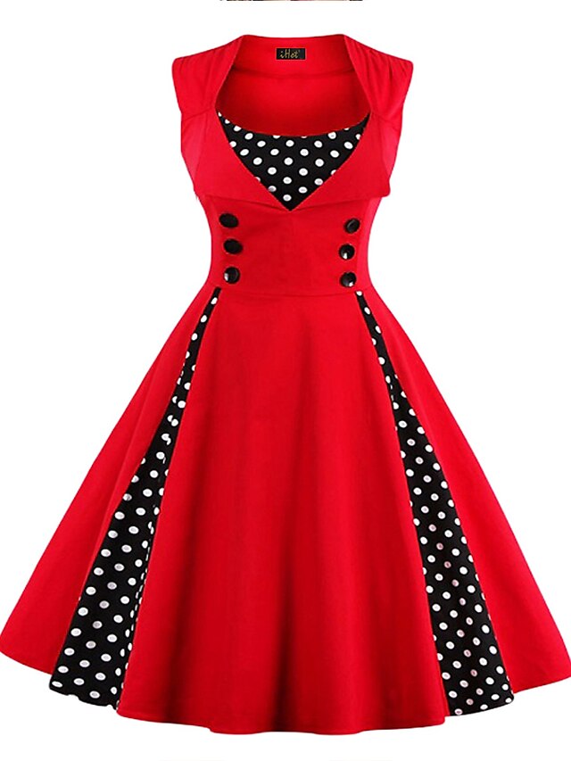 Women's Halloween Dress Retro 1950s Vintage Dress Midi Dress Party Button Print Floral V Neck Sleeveless Regular Fit Summer Spring 2023 claret Red black S M L XL