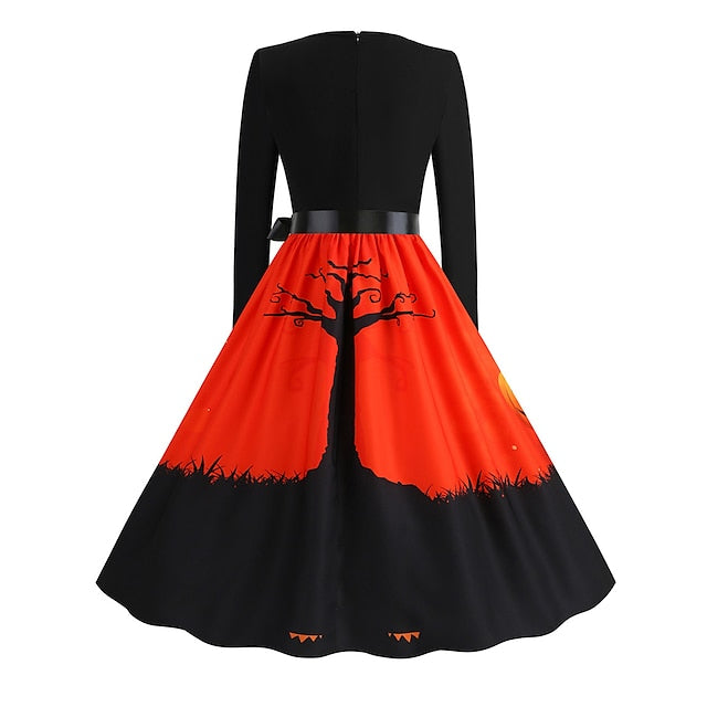 Women's Halloween Dress Retro 1950s Vintage Dress Midi Dress Holiday With Belt Bow Pumpkin Square Neck Long Sleeve Regular Fit Spring Fall 2023 Black Yellow S M L XL