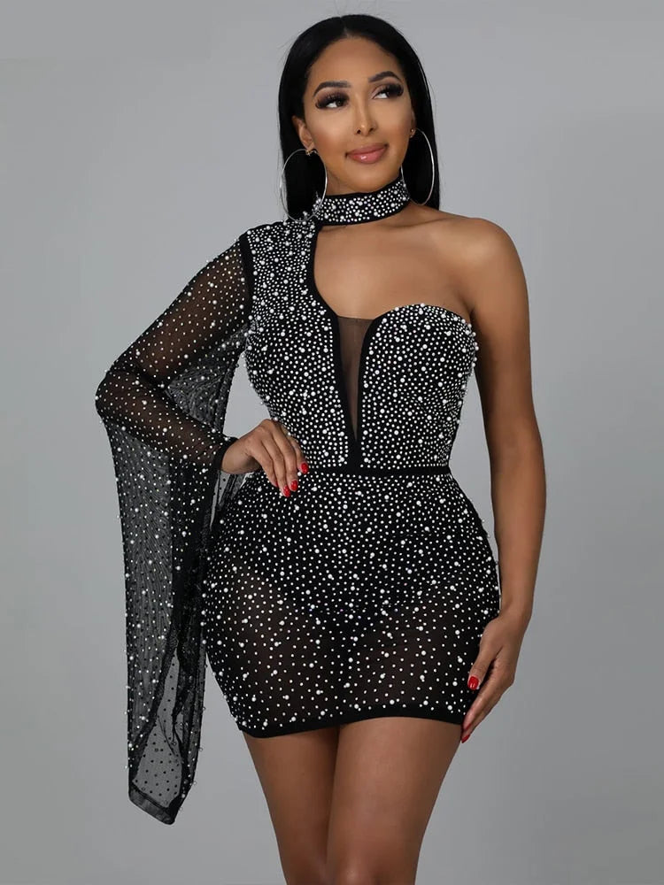 One Shoulder Party Dress Rhinestones Bling Irregular Skinny Zipper Flare Sleeve Bodycon Elegant