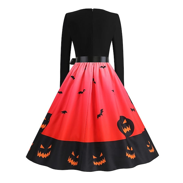 Women's Halloween Dress Retro 1950s Vintage Dress Midi Dress Holiday With Belt Bow Graphic Crew Neck Long Sleeve Regular Fit Spring Fall 2023 Pink Red S M L XL