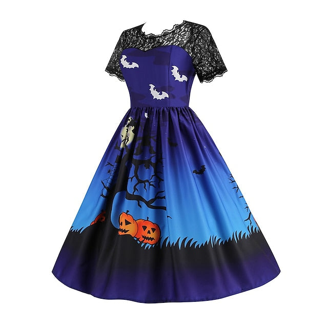 Women's Halloween Dress Retro 1950s Vintage Dress Midi Dress Holiday Lace Patchwork Graphic V Neck Short Sleeve Regular Fit Spring Fall 2023 Black Blue S M L XL