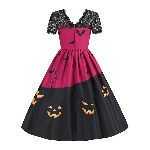 Women's Halloween Dress Retro 1950s Vintage Dress Midi Dress Holiday Lace Patchwork Graphic V Neck Short Sleeve Regular Fit Spring Fall 2023 Black Blue S M L XL