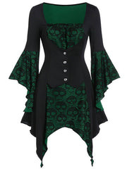 Women's Halloween Dress Lace Dress A Line Dress Short Mini Dress Green Purple Wine Long Sleeve Print Lace Patchwork Print Fall Winter V Neck Hot Vintage Slim 2023 S M L XL XXL / Party Dress