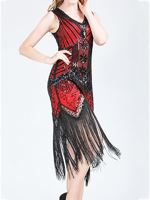 Women's Halloween Dress Retro 1920s Fringe Dress Midi Dress Party Outdoor Sequins Tassel Fringe Plain V Neck Sleeveless Regular Fit Summer Spring 2023 claret Black S M L XL