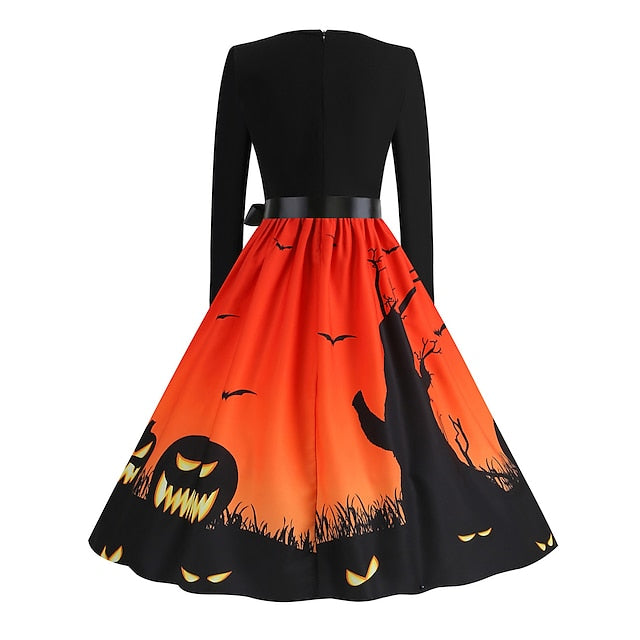 Women's Halloween Dress Retro 1950s Vintage Dress Midi Dress Holiday With Belt Bow Graphic Crew Neck Long Sleeve Regular Fit Spring Fall 2023 Pink Red S M L XL