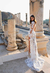 Hoobd Beautifully Elaborated Sheer Long Sleeves And High Collar Illusion Lace Applique Wedding Dress With High Side Slit