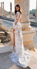 Hoobd Beautifully Elaborated Sheer Long Sleeves And High Collar Illusion Lace Applique Wedding Dress With High Side Slit
