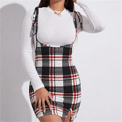 Hoobd Fashion Women Dress Check Dog Tooth Frill Ruffle Pinafore High Waist Bodycon Party Mini Dress Holiday Casual Slim Dress vestidos