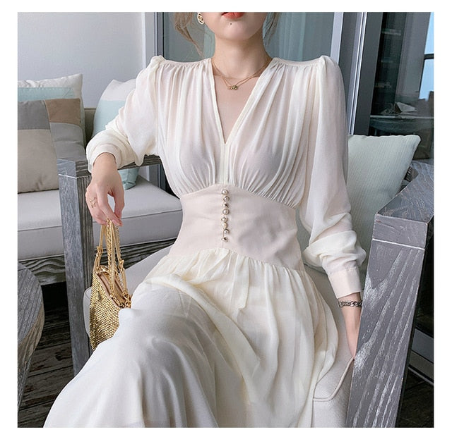 Elegant Dress Women Solid Long Sleeve Fairy Party Dress Office Lady Sexy V-Neck Loose Midi Dress Spring Clothing Female