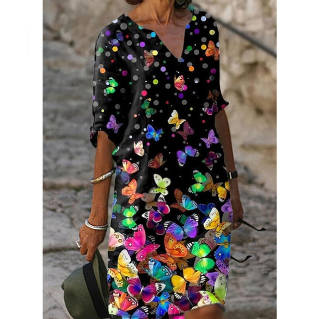 Hoobd Half Sleeved V Neck Printed Loose Dress Women's Fashion Casual Vintage Spring Autumn All-match Plus Size Beach Dresses Vestidos