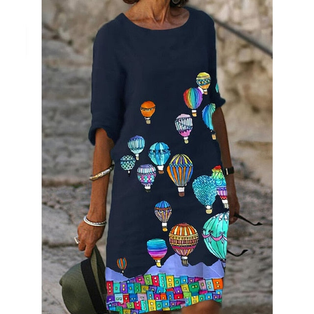 Hoobd Half Sleeved V Neck Printed Loose Dress Women's Fashion Casual Vintage Spring Autumn All-match Plus Size Beach Dresses Vestidos