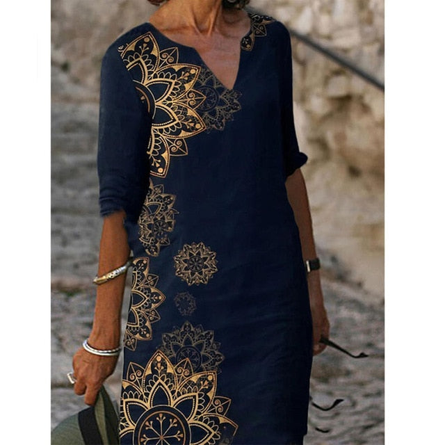 Hoobd Half Sleeved V Neck Printed Loose Dress Women's Fashion Casual Vintage Spring Autumn All-match Plus Size Beach Dresses Vestidos