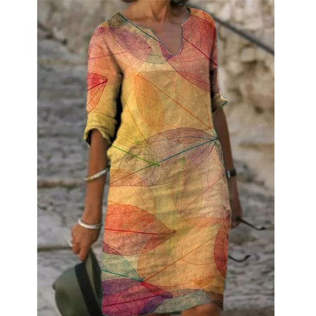 Hoobd Half Sleeved V Neck Printed Loose Dress Women's Fashion Casual Vintage Spring Autumn All-match Plus Size Beach Dresses Vestidos
