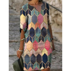 Hoobd Half Sleeved V Neck Printed Loose Dress Women's Fashion Casual Vintage Spring Autumn All-match Plus Size Beach Dresses Vestidos