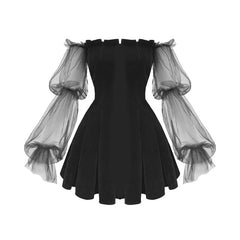 Gothic Sexy Dress Vintage Off Shoulder Lantern Sleeve Mesh Patchwork Velvet Mini Dress Dark Street Black Dress for Female