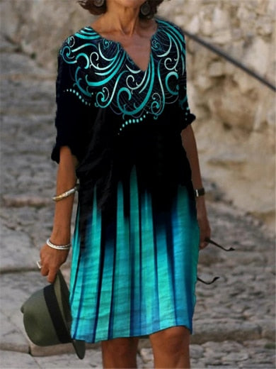 Hoobd Half Sleeved V Neck Printed Loose Dress Women's Fashion Casual Vintage Spring Autumn All-match Plus Size Beach Dresses Vestidos