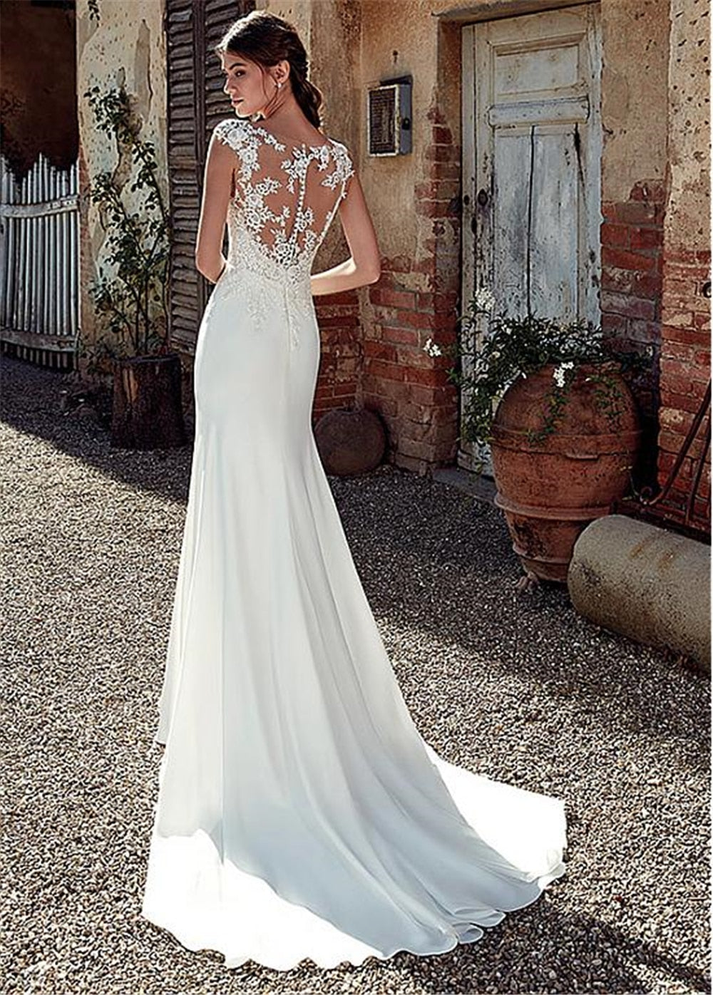 Hoobd The Sales Rack-Modest Soft Satin Bateau Neckline Mermaid Bridal Dress With Lace Appliques And Sheer Illusion Back