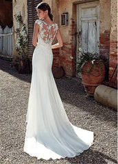 Hoobd The Sales Rack-Modest Soft Satin Bateau Neckline Mermaid Bridal Dress With Lace Appliques And Sheer Illusion Back