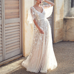Hoobd The Sales Rack-Beach Bride Chiffon V Neck Short Sleeve Lace Bridal Dress Free Shipping