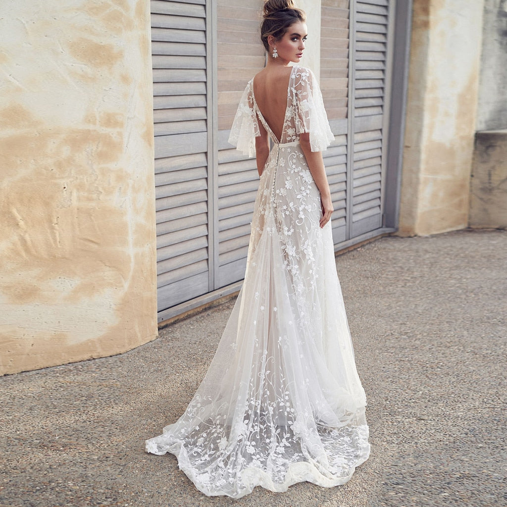 Hoobd The Sales Rack-Beach Bride Chiffon V Neck Short Sleeve Lace Bridal Dress Free Shipping