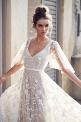 Hoobd The Sales Rack-Beach Bride Chiffon V Neck Short Sleeve Lace Bridal Dress Free Shipping