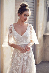 Hoobd The Sales Rack-Beach Bride Chiffon V Neck Short Sleeve Lace Bridal Dress Free Shipping
